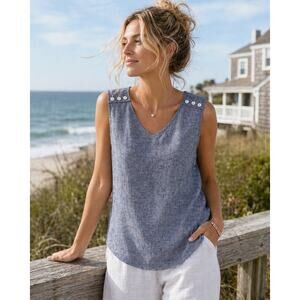 Habitat Linen Freshen Up Tank Sleeveless Top Blue Button Shoulder Women’s Size S